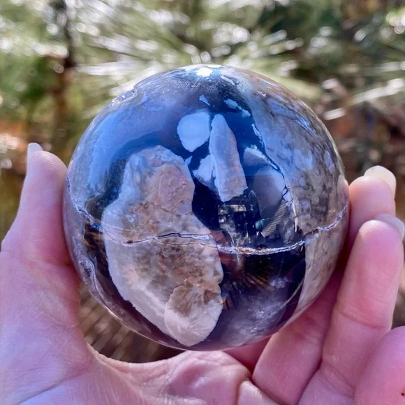 Large HQ Polished UV Reactive Volcano Agate Sphere w/ Wooden Stand - Picture 11 of 16
